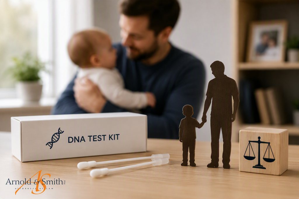 DNA testing kit and parental imagery representing paternity establishment and father's rights in North Carolina family law matters.