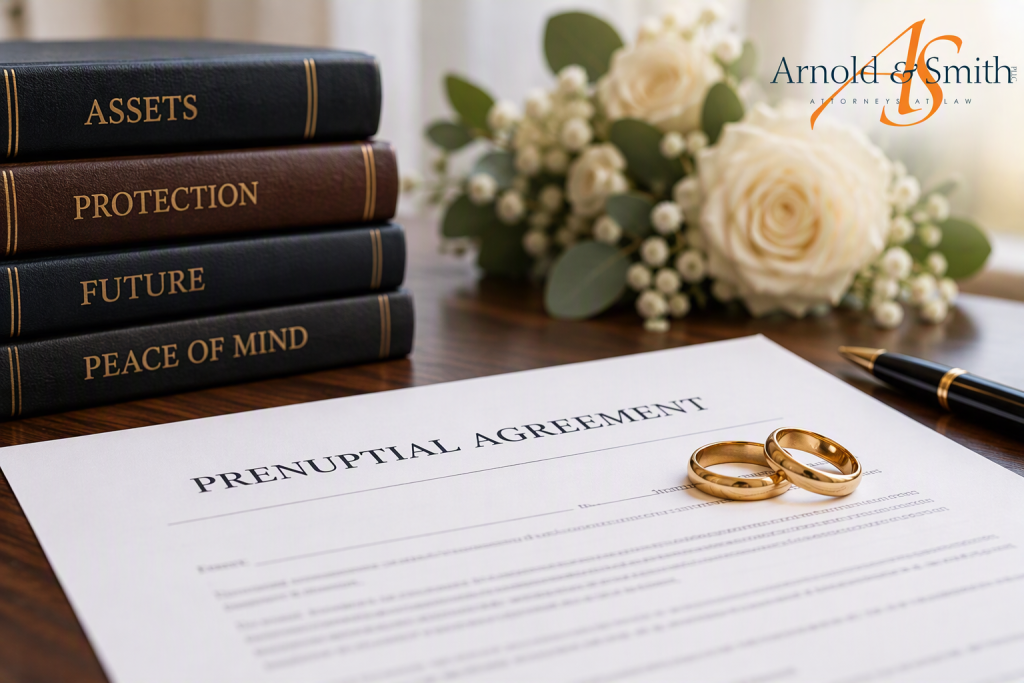 Couple's prenuptial agreement on a desk with wedding rings, legal documents, and asset protection books beside the Arnold & Smith PLLC logo.