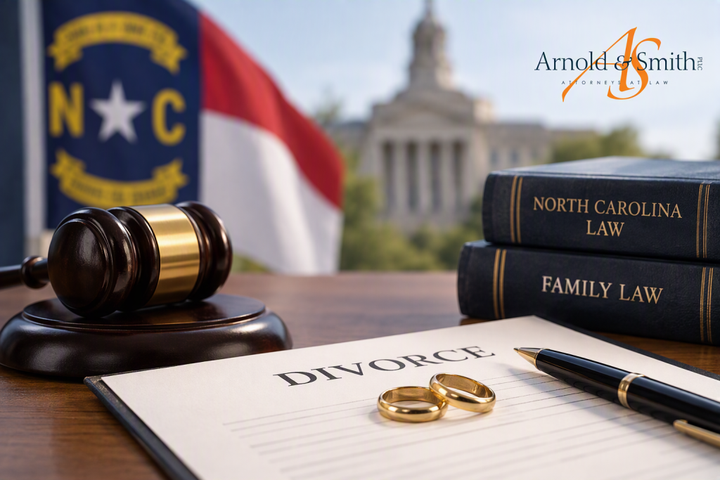 North Carolina divorce and family law concept with gavel, wedding rings, divorce papers, and Arnold & Smith PLLC logo